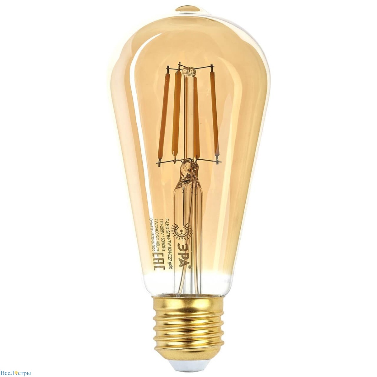лампа светодиодная филаментная эра e27 7w 2400k прозрачная f-led st64-7w-824-e27 gold б0047664